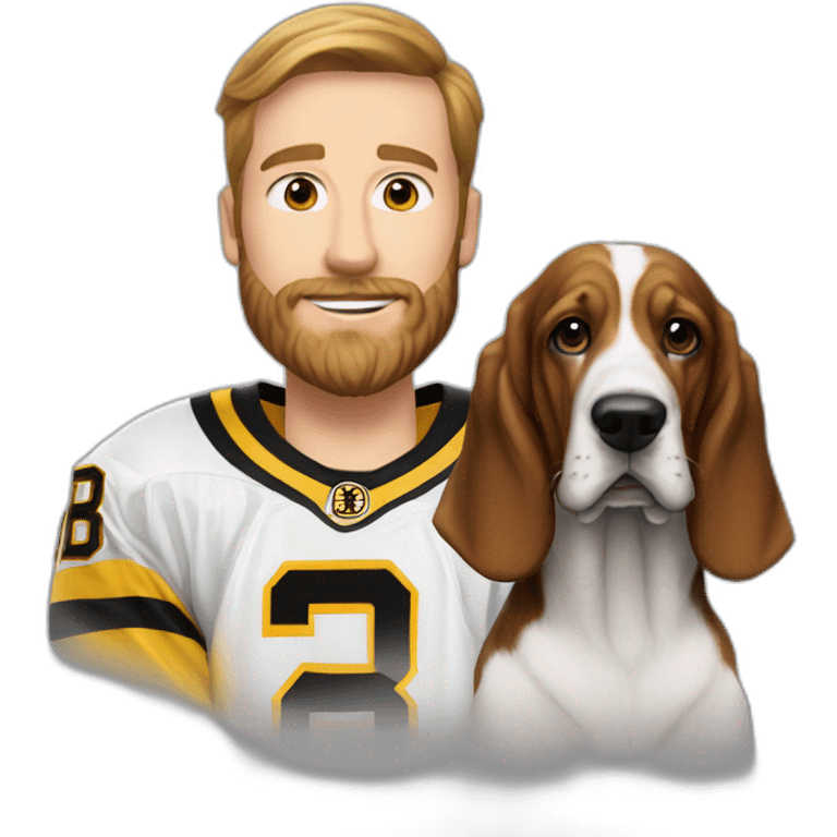 #28 player on the boston bruins white male with beard next to basset hound dog emoji