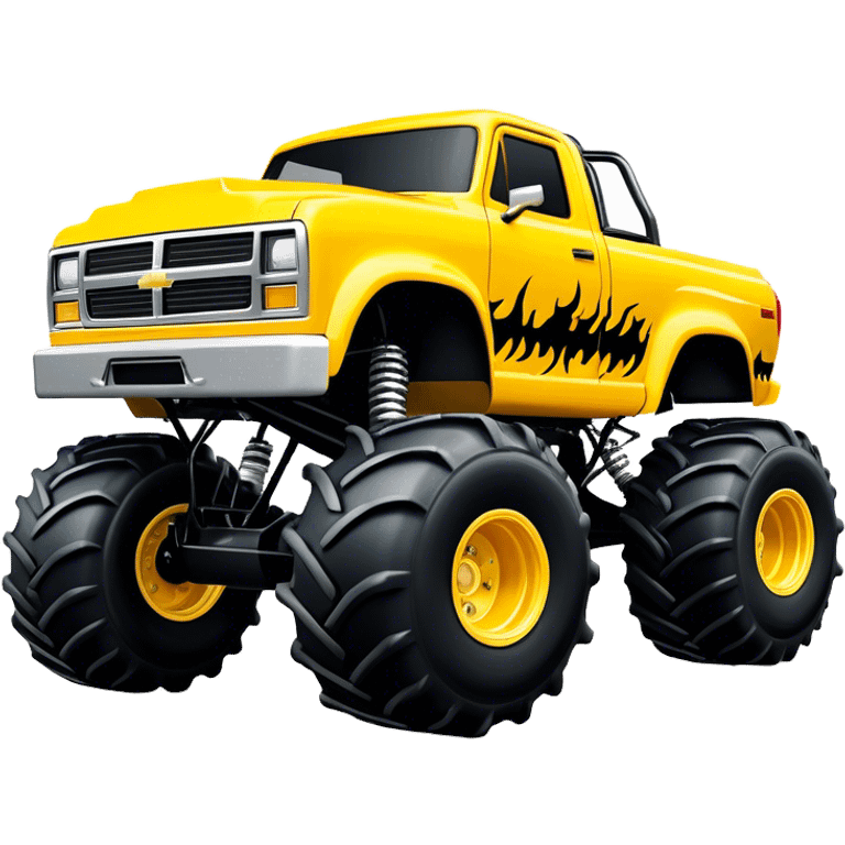 Maximum Destruction - Monster Jam (Model Year: 2021) (Iconic colour: Yellow with black flames) - A ferocious monster truck featuring a vivid yellow base accented by dramatic black flame patterns. Emphasize sharp, high-contrast flame streaks across the body, creating a look of aggressive, explosive energy. emoji