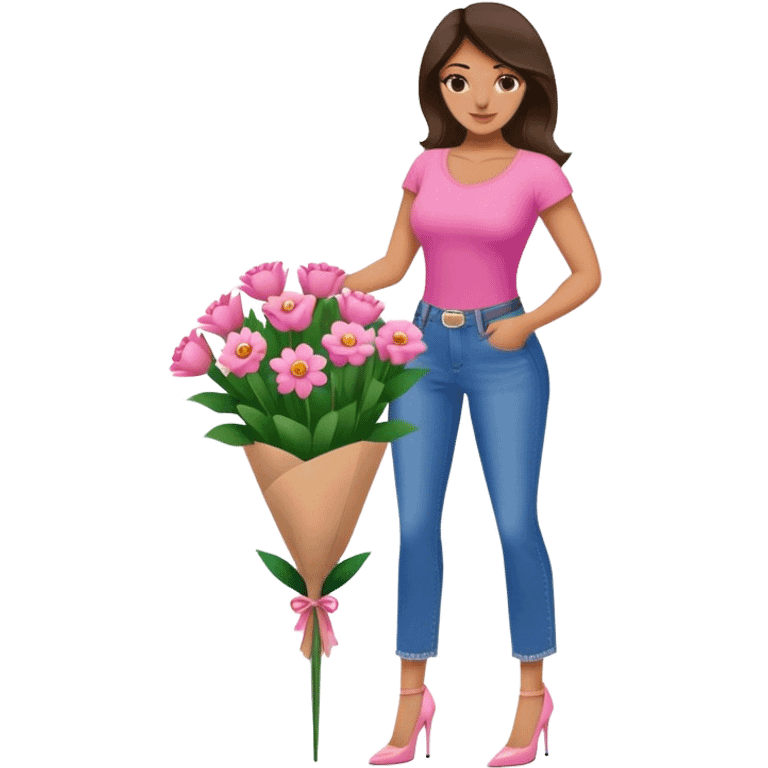 Make her building a flower bouquet in a pink top and jeans and heels emoji