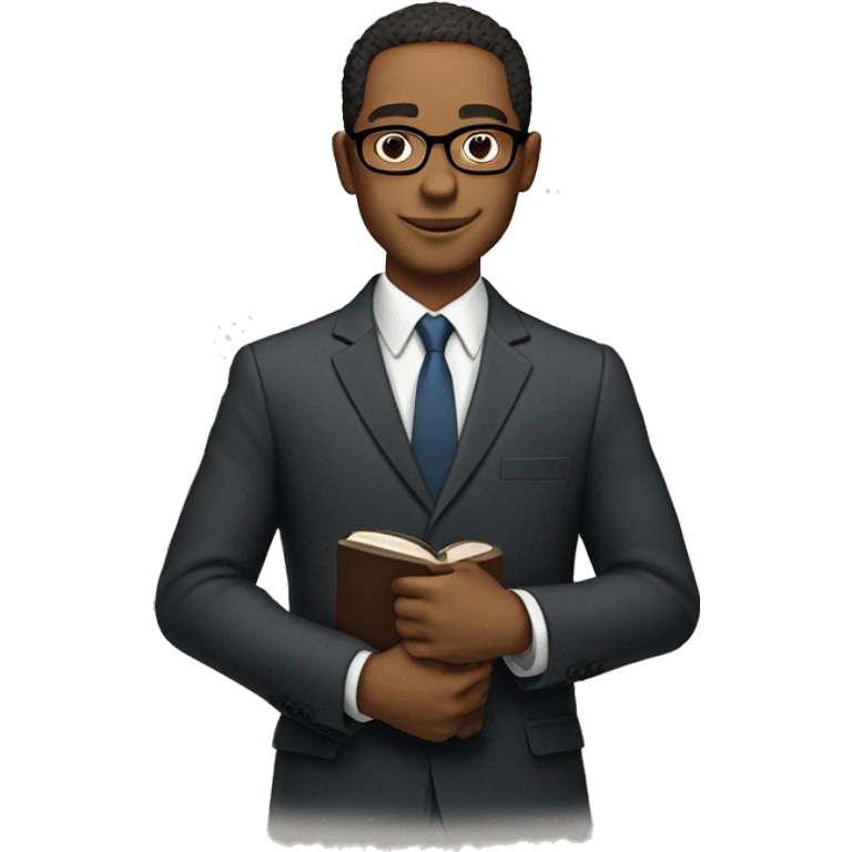 Light skinned man in a suit with glasses with a side parting in hair holding an open Bible emoji