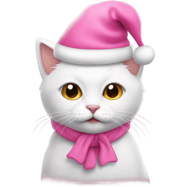 White cat wearing pink Santa hat and pink Santa clothes emoji