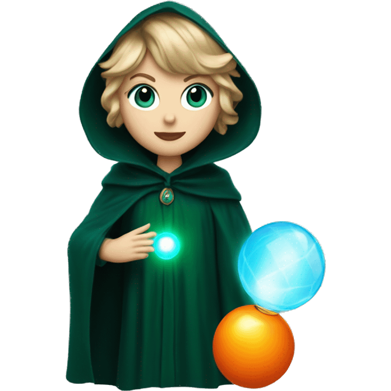 Taylor swift with blue eyes in dark green cloak holding an orange glowing orb emoji