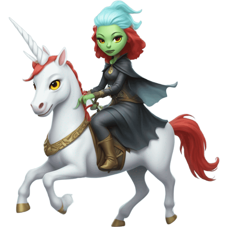 [politically incorrect, shield(
	{ female, alien, witch, color: light green, hair:red, eyes:cat} ]
	on a 
	[{ unicorn: white, legged:four, mane: light blue }]) emoji