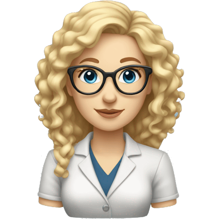 Woman teacher blonde long curly hair glasses blue eyes holding a tiny bridge structure emoji