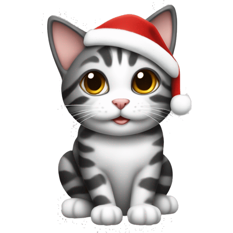 Black, grey, and white tabby cat wearing a Santa hat emoji