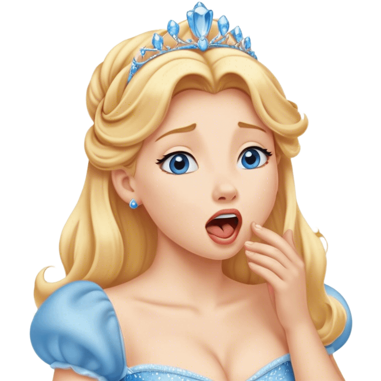 Cinematic Realistic Yawning Cinderella Portrait, showcasing lifelike porcelain skin and intricately detailed golden-blonde hair styled flawlessly as she mid-yawn reveals a moment of tender vulnerability. Her half-closed blue eyes and relaxed expression are rendered with natural, soft lighting that emphasizes the subtle textures of her face and the detailed, flowing fabric of her iconic gown. The scene glows with a cozy, authentic warmth that captures a rare, intimate moment of repose. emoji