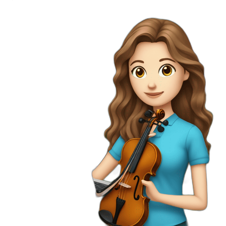 White female long brown wavy hair vivid blue eyes purple shirt holding a violin standing in a garden with laptop emoji