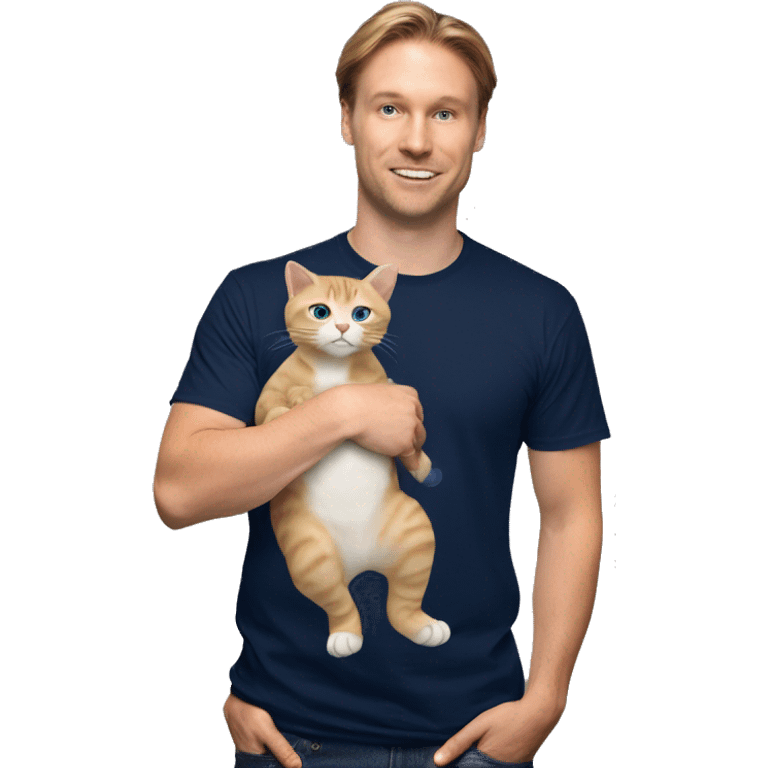 caucasian rich in navy blue t-shirt with a baby cat on this shoulder emoji