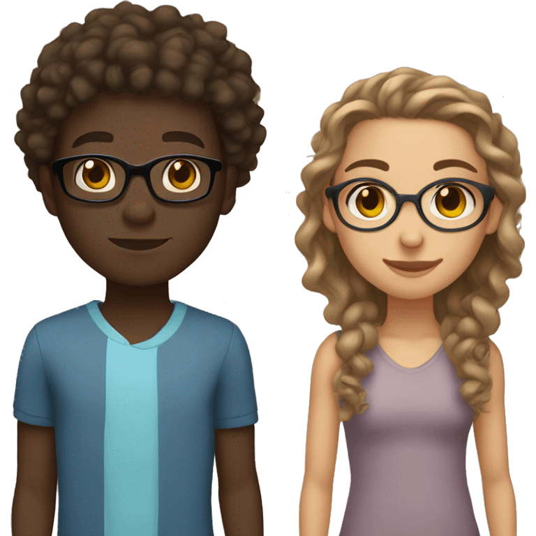 A light skinned girl with brown eyes, long straight light brown hair and glasses with a dark skinned boy with brown eyes and curly hair with no glasses emoji