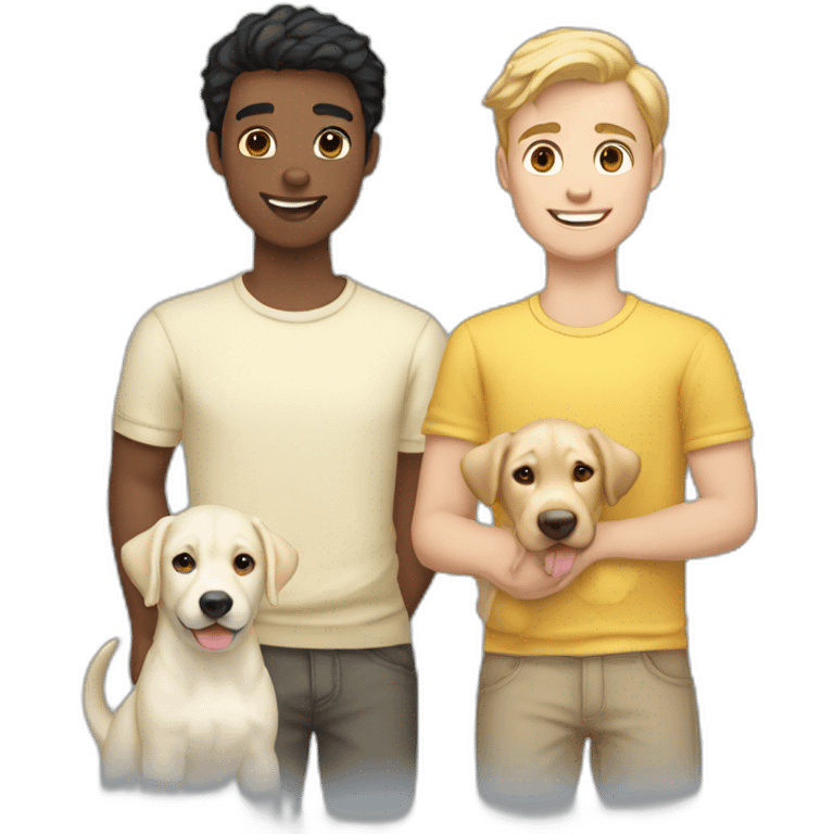 gay-couple,-1-guy white straight blackhair australian-and-1-australian-white-guy-with-blackhair-slightly-curly-holding one light yellow labrador retriever puppy one labrador retriever puppy emoji