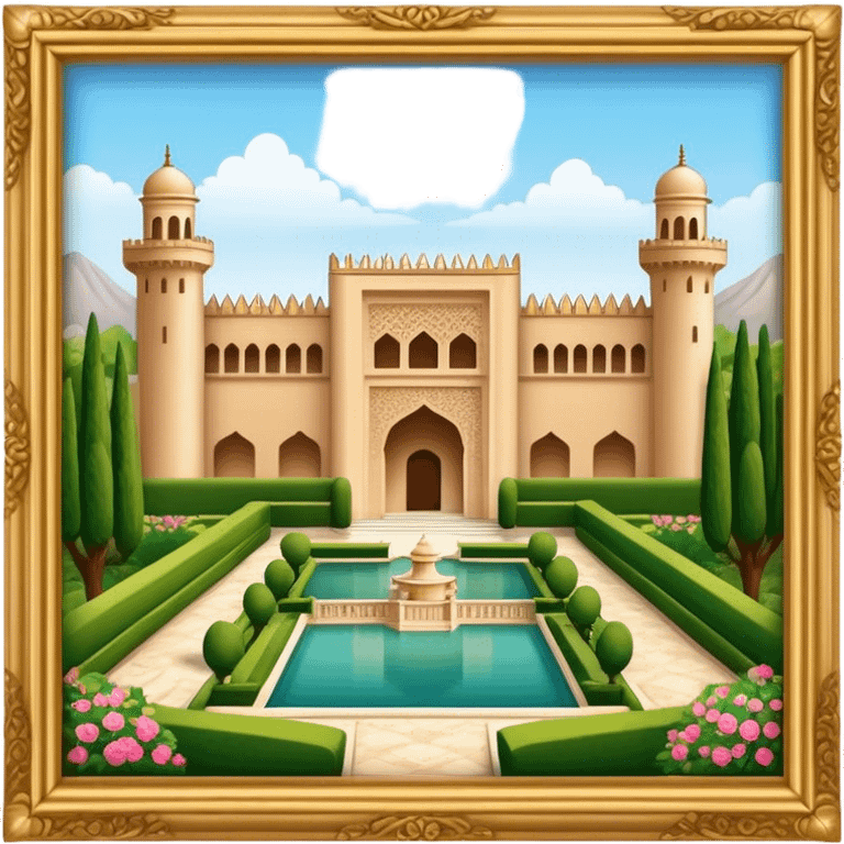 Cinematic Realistic Alhambra Landmark Emoji, showcasing the ornate historic palace with lush gardens rendered with rich textures and soft, majestic lighting. emoji