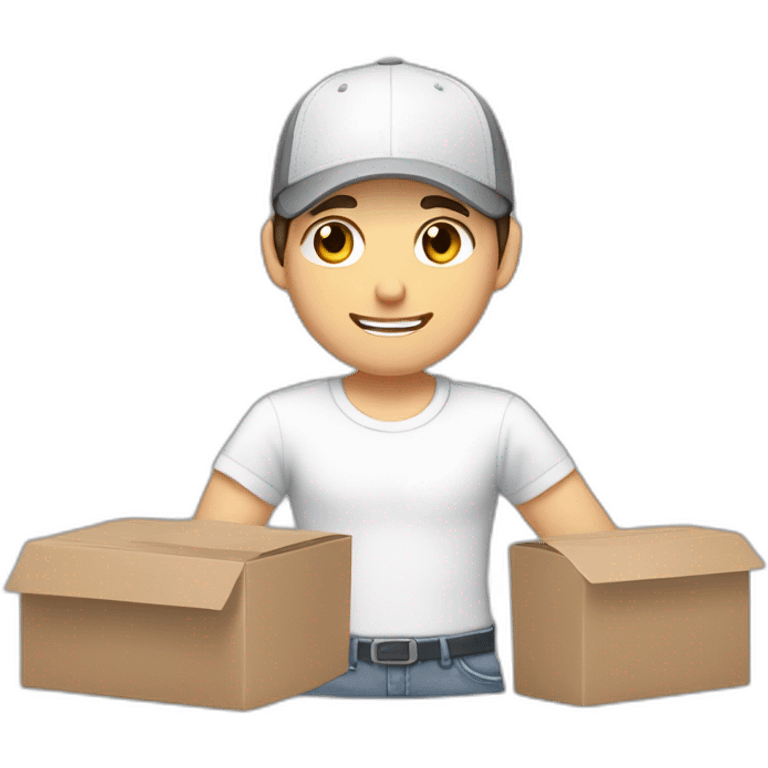 Pale skinned fit Man with dark brown hair in a white cap, gray jeans and gray polo T-shirt keeping a pasted with tape box into his hands emoji