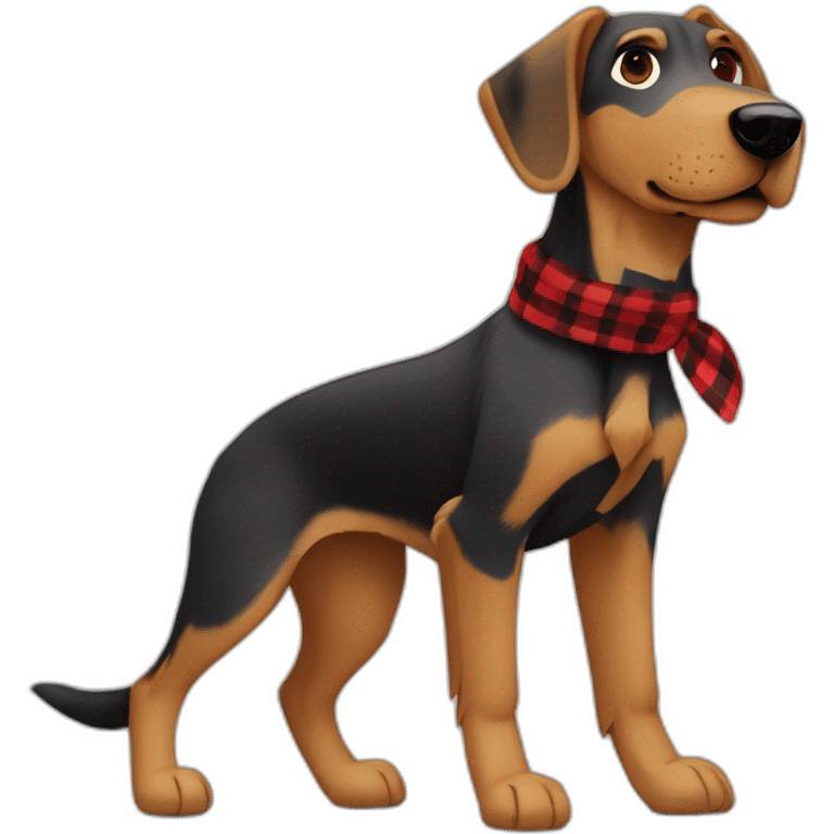 adult 75% Coonhound 25% German Shepherd mix dog with visible tail wearing small pointed red buffalo plaid bandana full body walking left quickly emoji