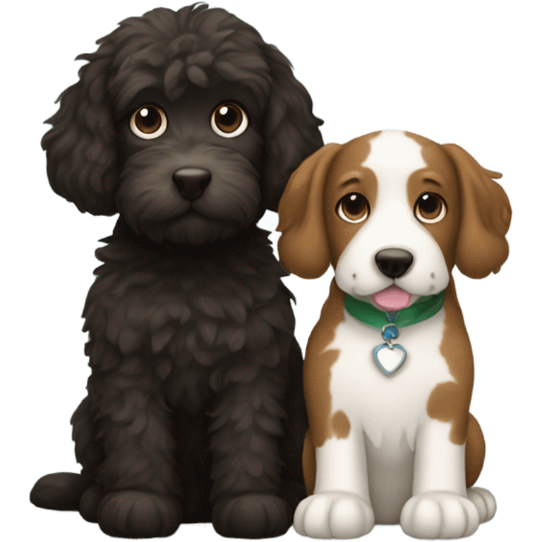 Tuxedo cat and brown labradoodle dog snuggling emoji