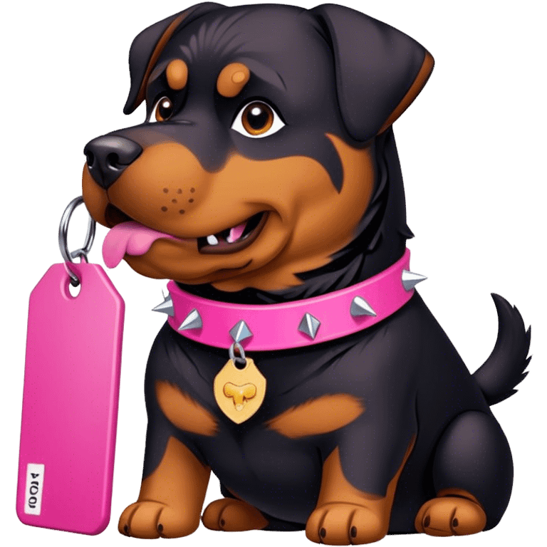 Rottweiler with pink spiked collar and tag that says TONKA emoji