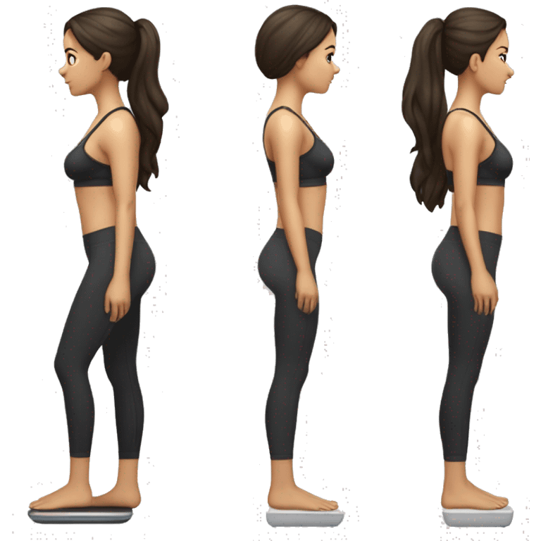 Side view of a fit brunette girl standing on a bathroom scale, looking down, wearing black leggings and a sports bra emoji