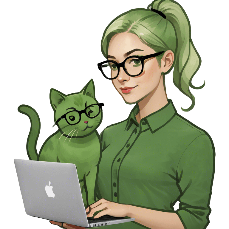 Blonde woman ponytail  with cat and MacBook  emoji