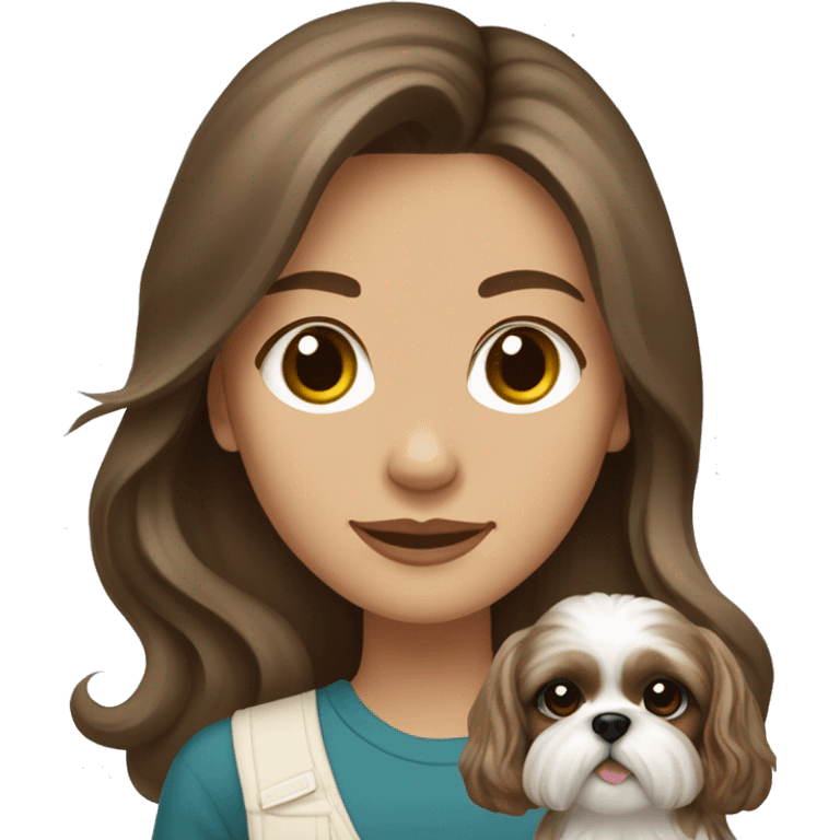 Young brunette medium kin hair woman with a cream shih tzu in her arms long wavy hair emoji