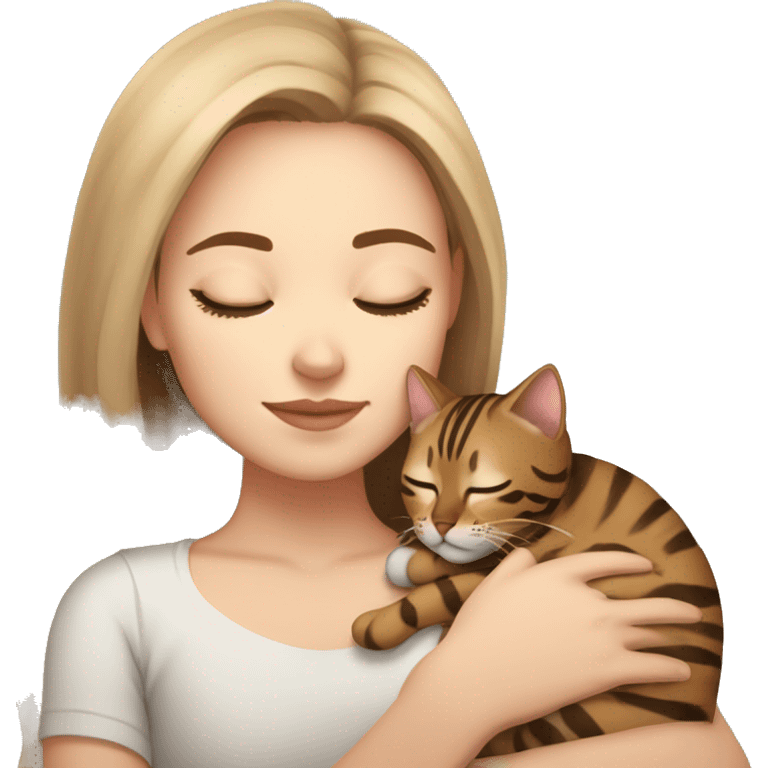 extremely light skin girl with brown hair sleeping with cute bengal cat emoji