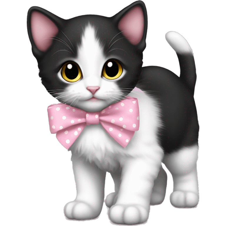 Baby Full body Tuxedo kitten with a pink polka dot ribbon Hazel eyes emoji