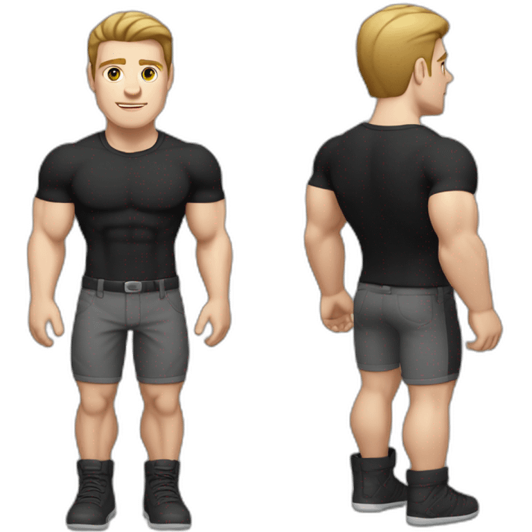 Pale skinned Fit Man With the biceps and dark brown hair in black shirt and gray shorts emoji