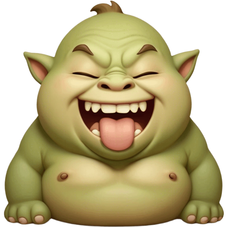 Cinematic Cute Yawning Ogre Portrait Emoji, with a surprisingly cuddly, rotund figure in soft earthy greens and browns, head tilted back in a big, gentle yawn exposing a set of comically oversized teeth, simplified yet irresistibly adorable, highly detailed with a soft glowing outline that captures the sleepy charm of a friendly ogre after a long day of gentle mischief! emoji