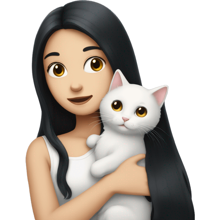 girl with very long black hair and  hugging a white cat emoji