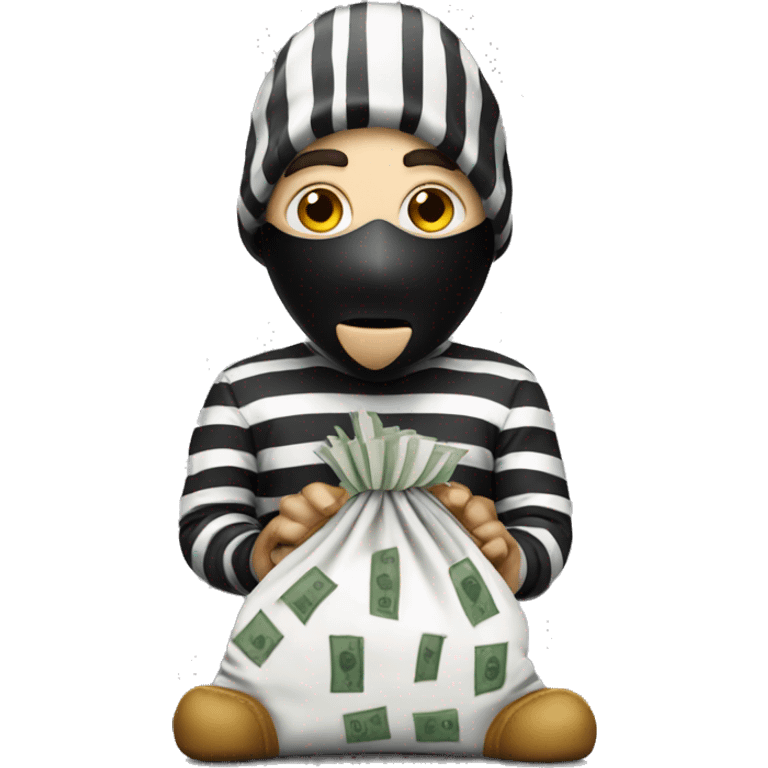 robber with a black and white striped shirt wearing a mask and has a money bag emoji