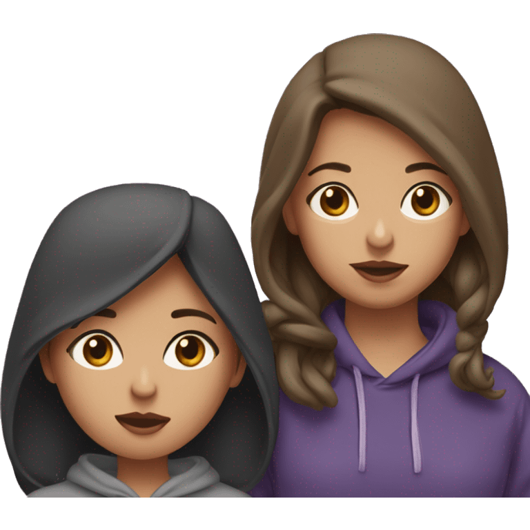 A girl with brown hair in a gray voluminous hoodie kisses a girl with brown hair in a purple T-shirt and a black sweatshirt emoji