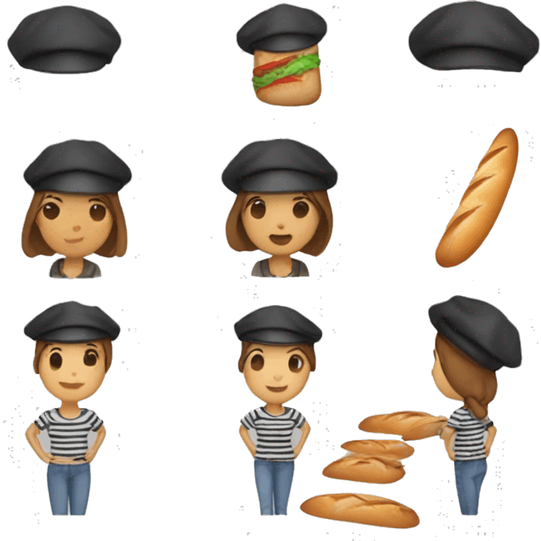 french stereotype, baguette, beret hat, stripe t-shirt, woman emoji