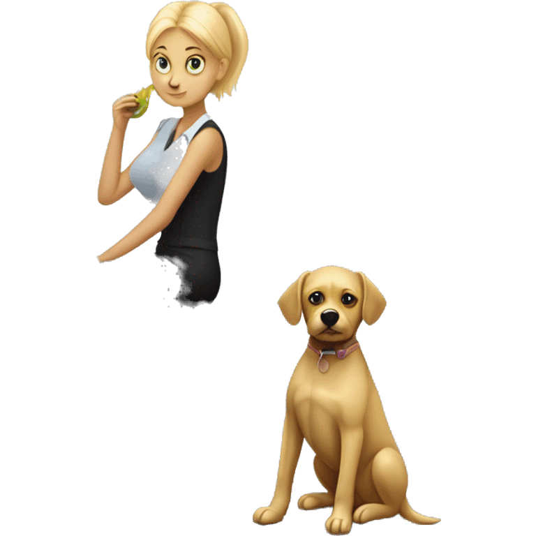 Small black dog sitting in an office with a pretty blonde woman waiting for lunch emoji