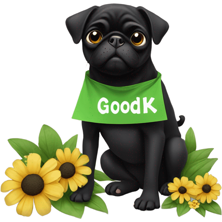 Black pug , surrounded by flowers, holding a green sign that says “good luck”  emoji