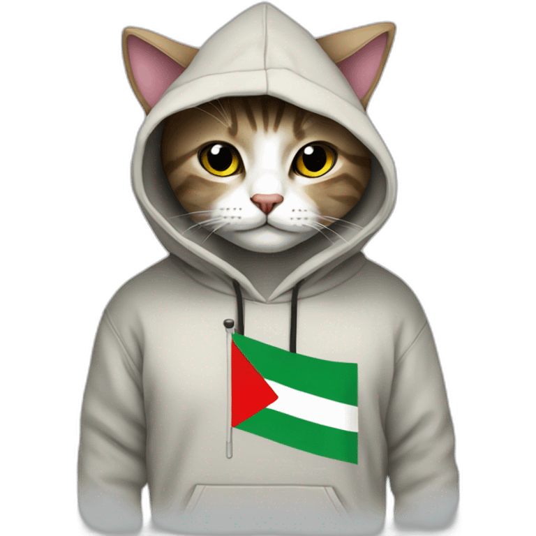 a cat wearing a full hoodie with Palestin flag emoji