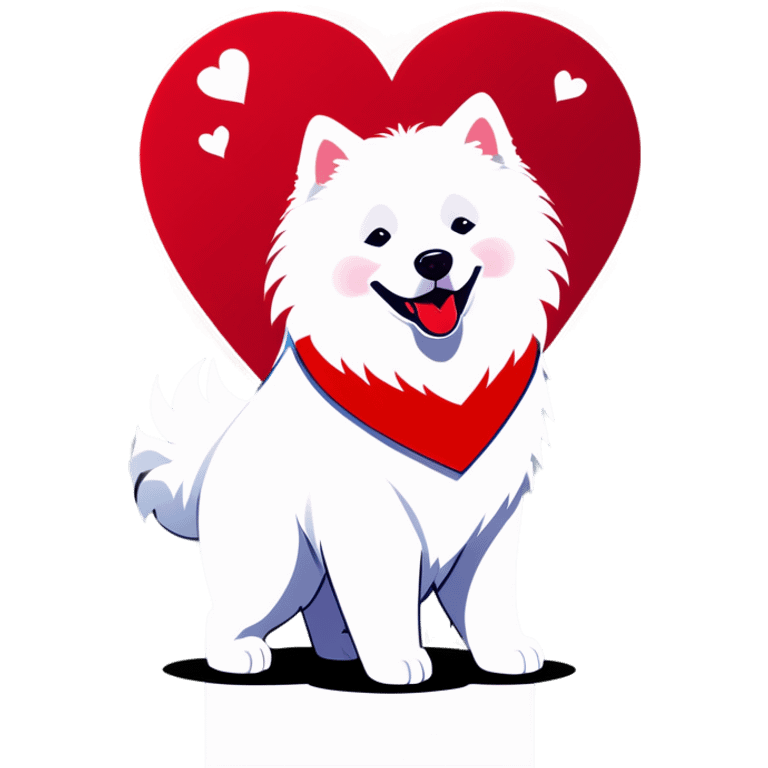 White Samoyed dog surrounded by red hearts emoji