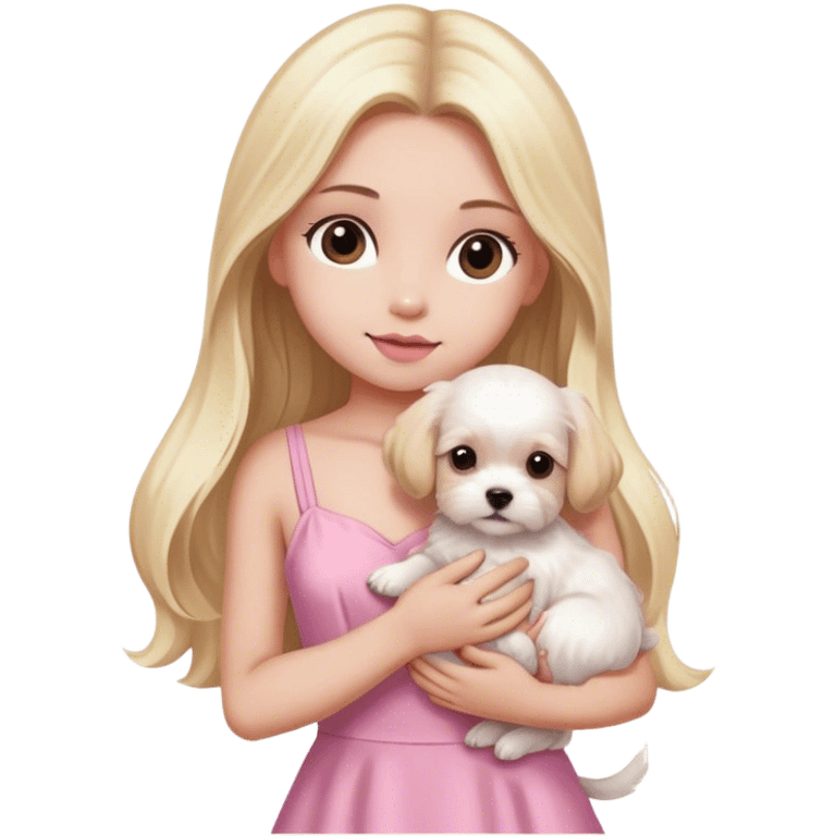 Blonde long hair brown eyes girl with white maltese puppy with pink dress emoji