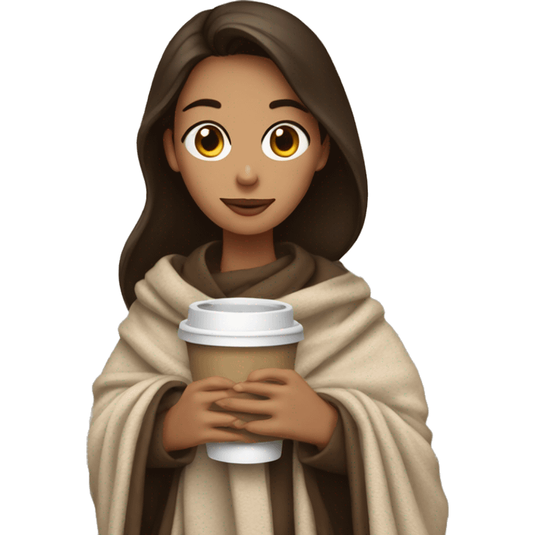 brunette girl holding a coffee, wrapped in a blanket emoji