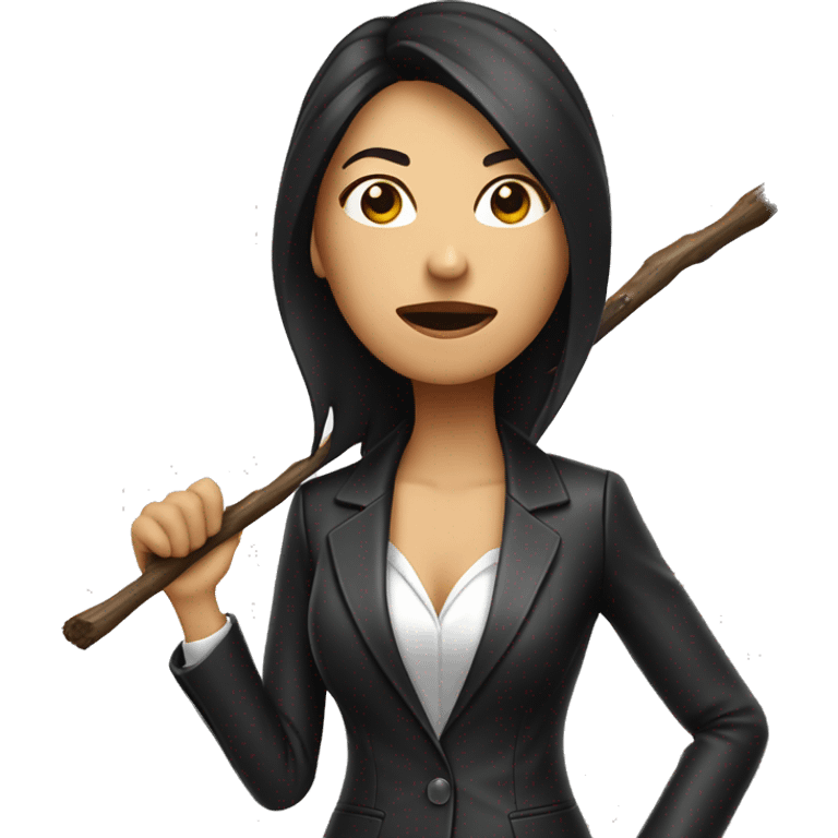 Asian looking woman in business leather suit with a destroys a stick emoji