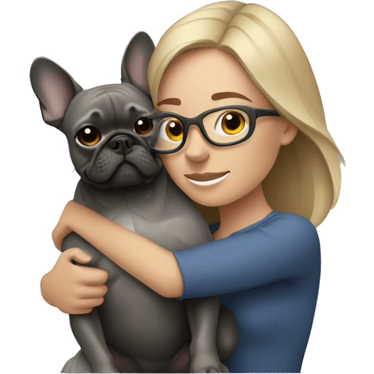 dark blonde woman with gray glasses hugging dark gray french bulldog emoji