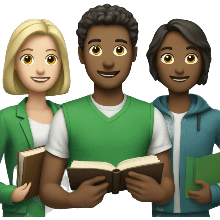 white three people in green clothes holding books emoji