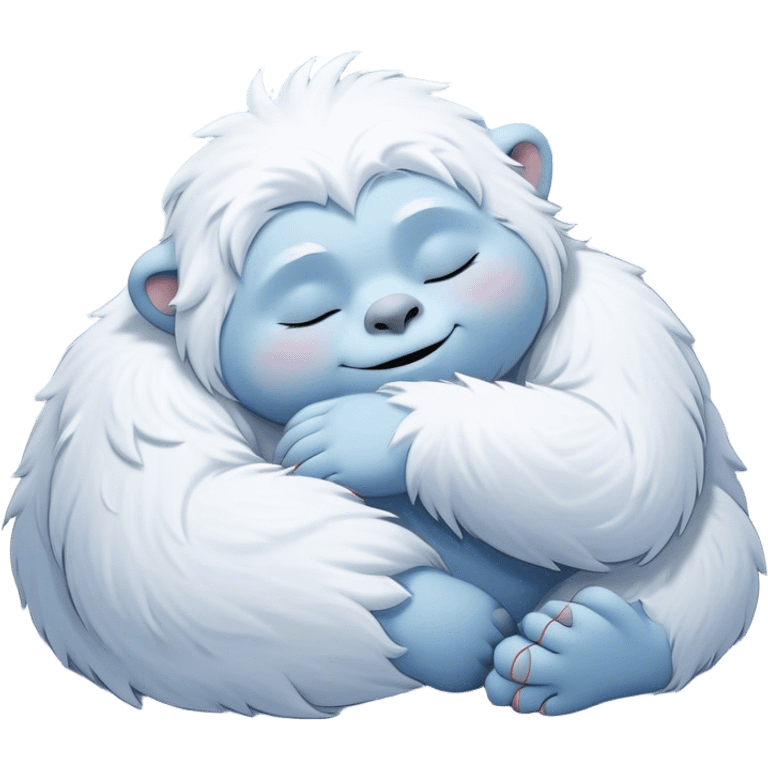 Meme-Worthy Cute Sleeping Yeti Portrait Emoji, with a charming, fluffy, snow-dusted figure in gentle whites and cool blues, head resting in blissful, serene slumber with closed, peaceful eyes and a small, contented smile, simplified yet irresistibly adorable, highly detailed with a soft frosty outline that captures the tender drowsiness of a yeti drifting into snowy dreams! emoji