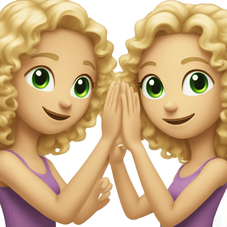 Curly haired girl with green eyes high fiving a blonde haired girl with green eyes emoji