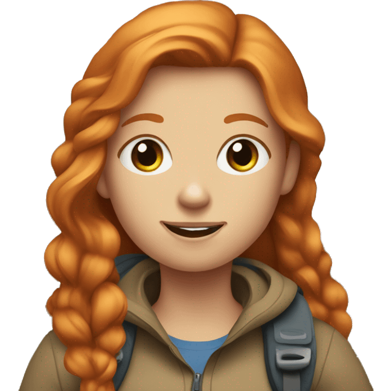 Ginger girl with volume straight hair and blue eyes On a hike emoji