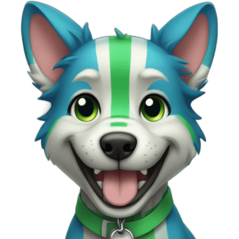 an anthropomorphic blue and green striped dog fursona smiling emoji