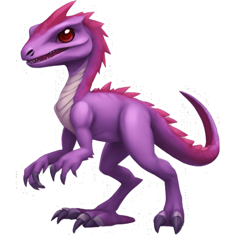 Chibi-Anthro Mauve-maroon-red-colored edgy anthro-genesect-velociraptor-scalie-sona-Fakémon-hybrid with a purple-pink mane on head and back and horns full body emoji