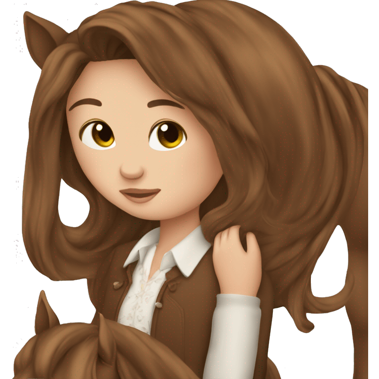 Beautiful Girl long brown hair hug her brown horse emoji