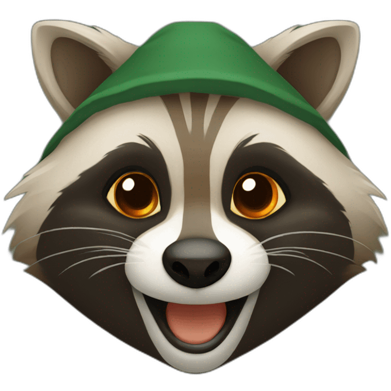 brown raccoon with orange eyes and a dark green hood that is laughing emoji