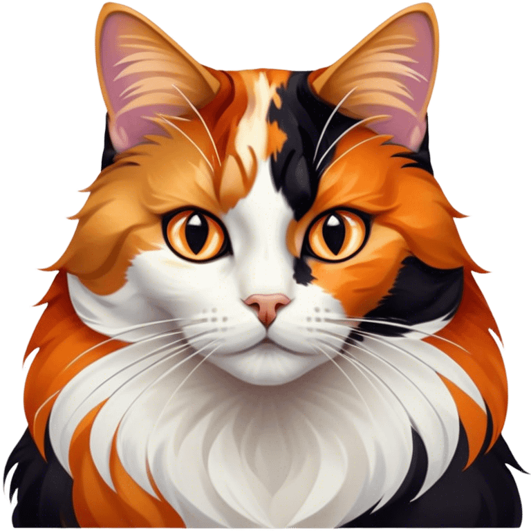 Cinematic Noble Calico Cat Portrait Emoji, Poised and regal, with a striking patchwork fur in vibrant orange, black, and white hues, delicate whiskers and a refined, focused gaze, simplified yet exquisitely detailed, glowing with a soft, moonlit radiance and an air of aristocratic elegance, high shine, exuding dignified intelligence and poised authority, soft glowing outline, capturing the essence of a watchful and noble calico cat that appears ready to grace the screen with effortless majesty! emoji