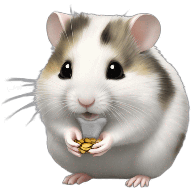 A Campbell dwarf hamster with a patchy greyish white fur sitting and eating a sunflower seed emoji