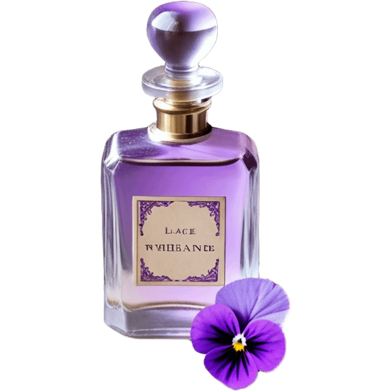 An ornate glass perfume bottle, filled with a delicate violet-hued elixir, rests on a lace-covered vanity tray, surrounded by pressed pansies in shades of lavender, plum, and amethyst, their petals softly curling with time. A worn leather-bound poetry book, its pages kissed with faded lilac ink, lies open beside it, exuding whispers of forgotten verses and fleeting romance emoji