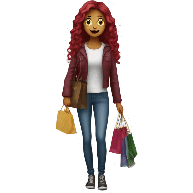 Long Burgundy haired girl, shopaholic, carrying a lot of shopping bags emoji